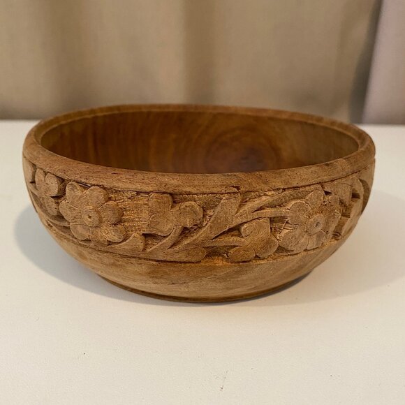 Other - Antique Hand-Carved Wooden Floral Bowl 5 Rustic Decorative‎ Dish